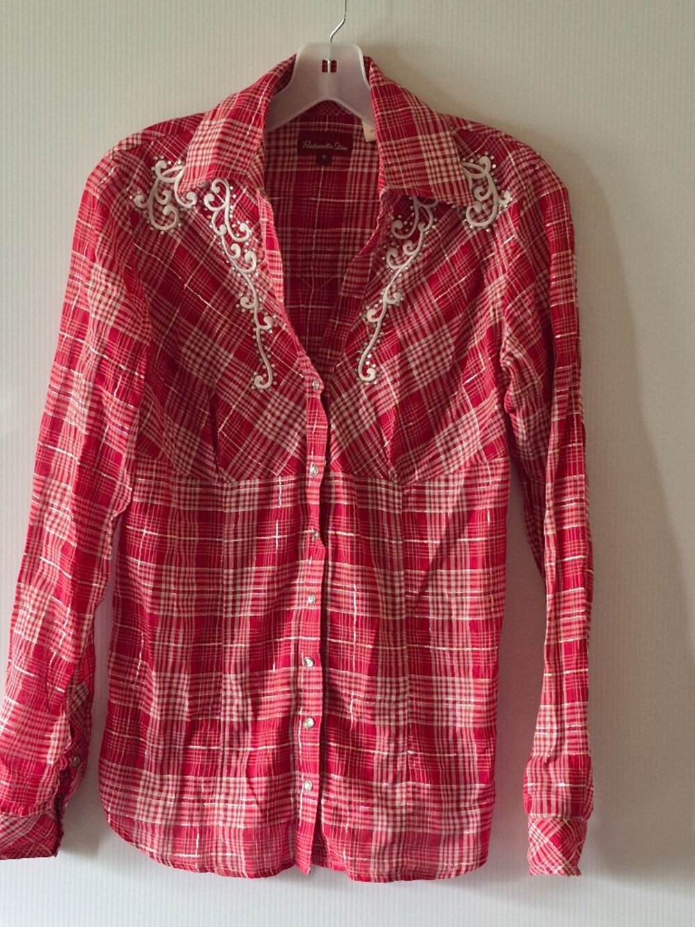Panhandle Slim Red Plaid Embroidered Western Glitter Pearl Snap Shirt